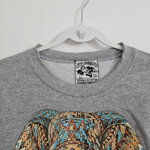 Riot Society Sweater Mens Medium Gray Elephant Crewneck Sweatshirt Tribal - Picture 4 of 8